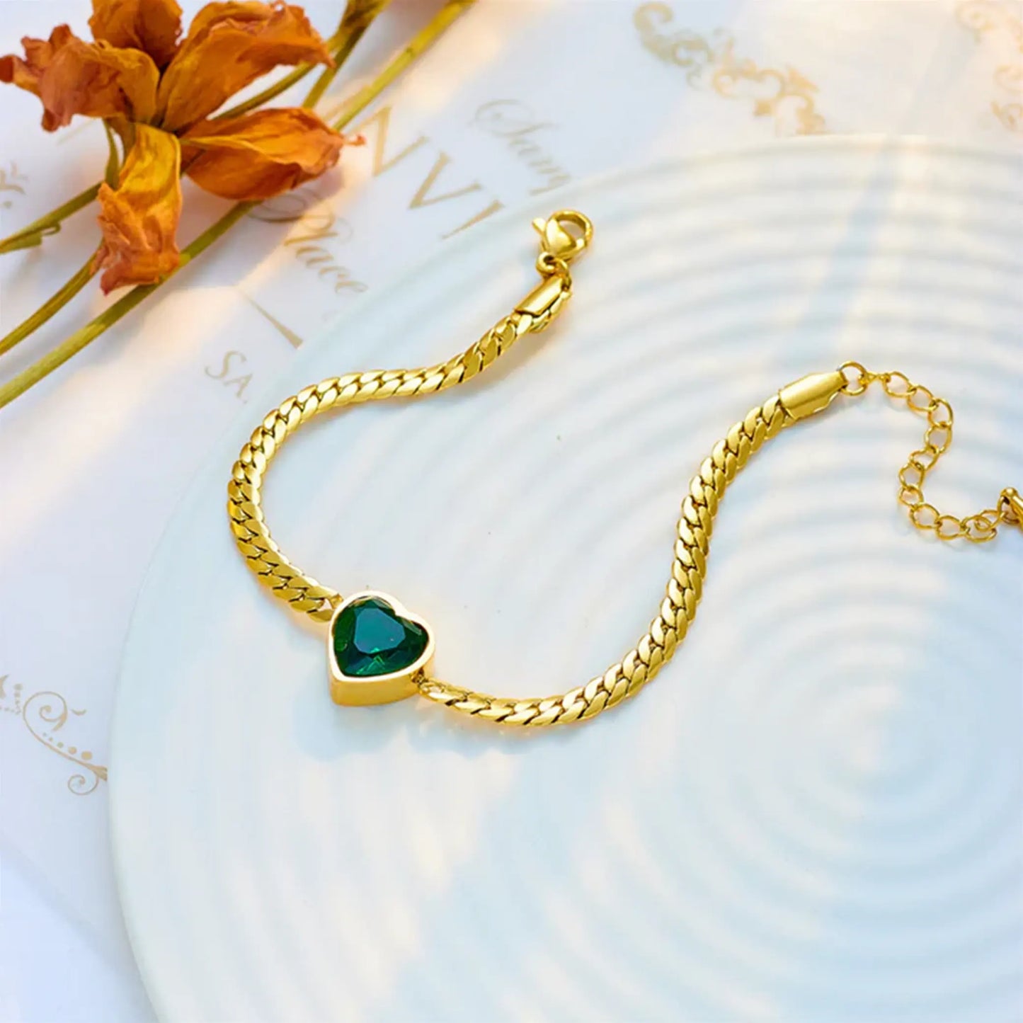 Green CZ Heart Bracelet