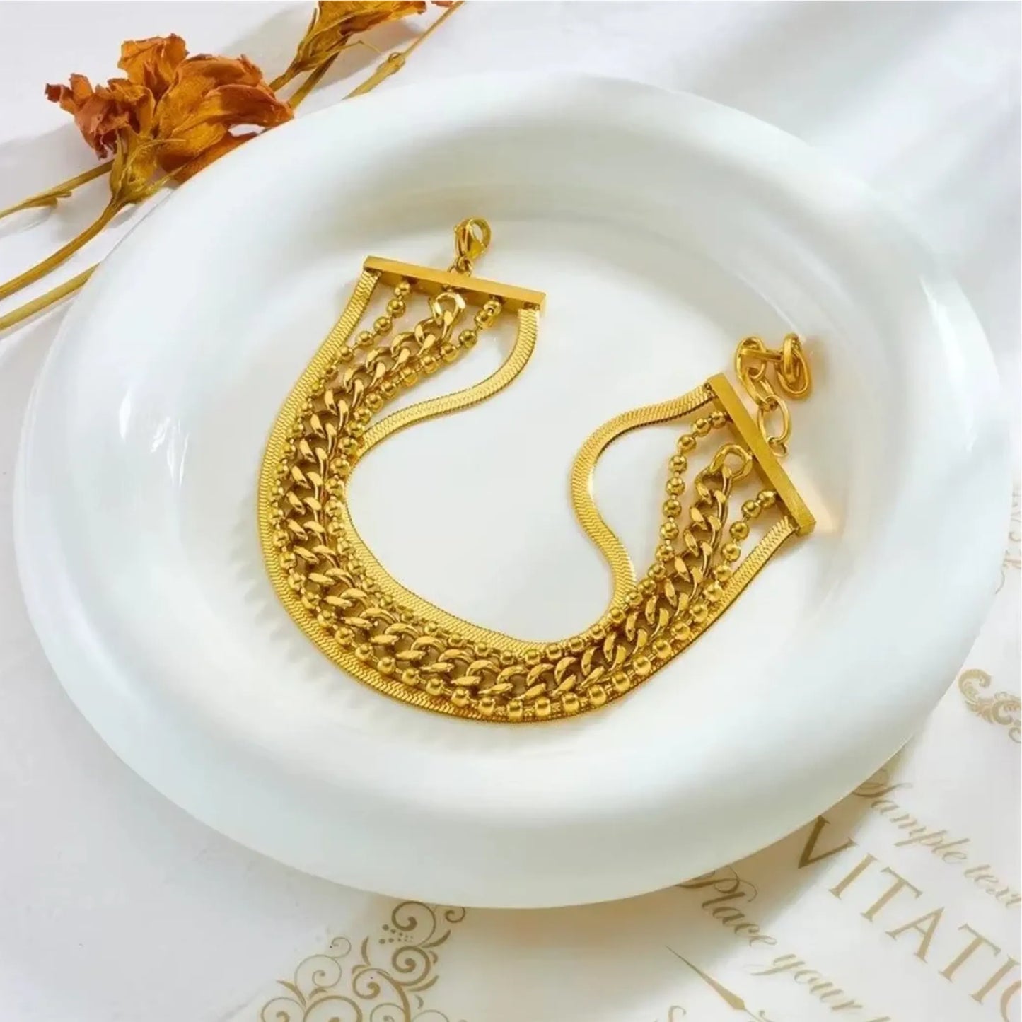 Herringbone Curb Chain Beaded Bracelet