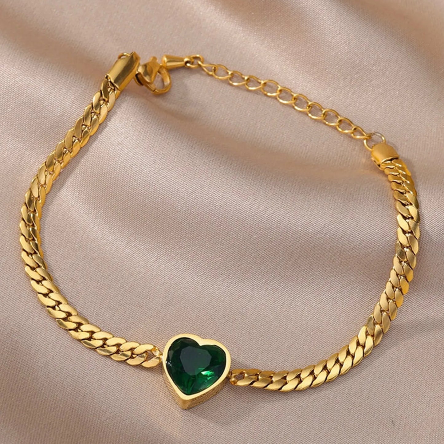 Green CZ Heart Bracelet