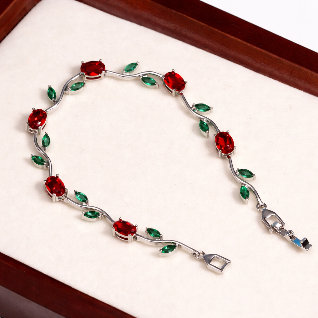Red Tulip Flower Silver Bracelet