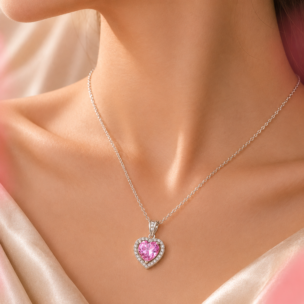 Pink Zirconia Heart Necklace