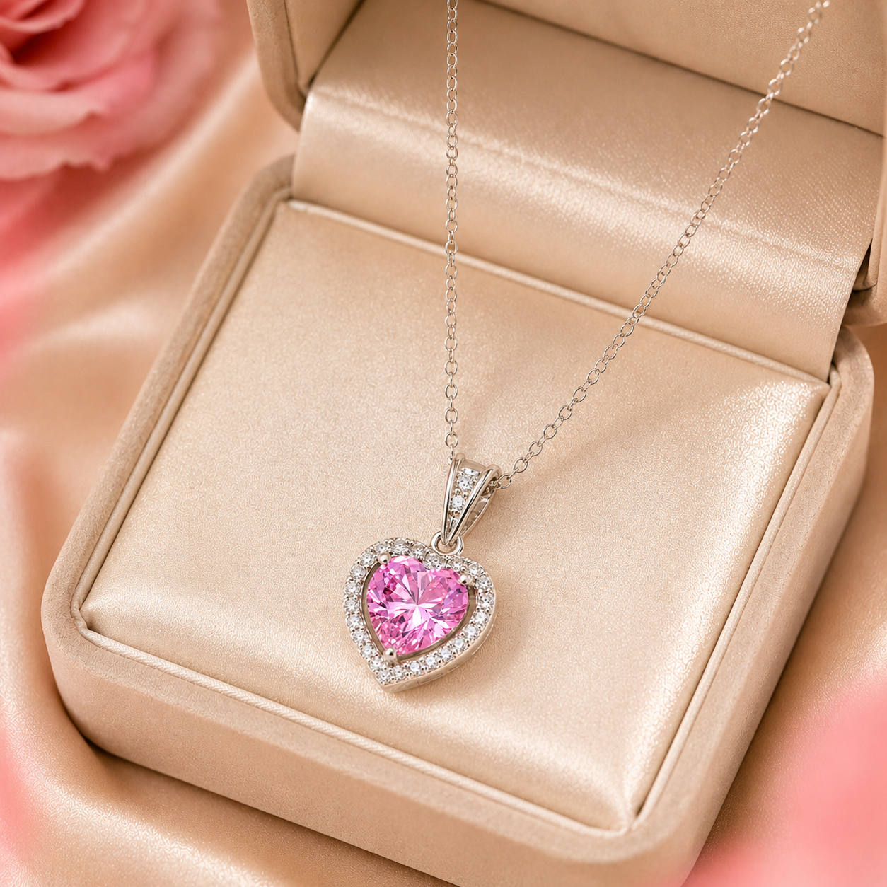 Pink Zirconia Heart Necklace