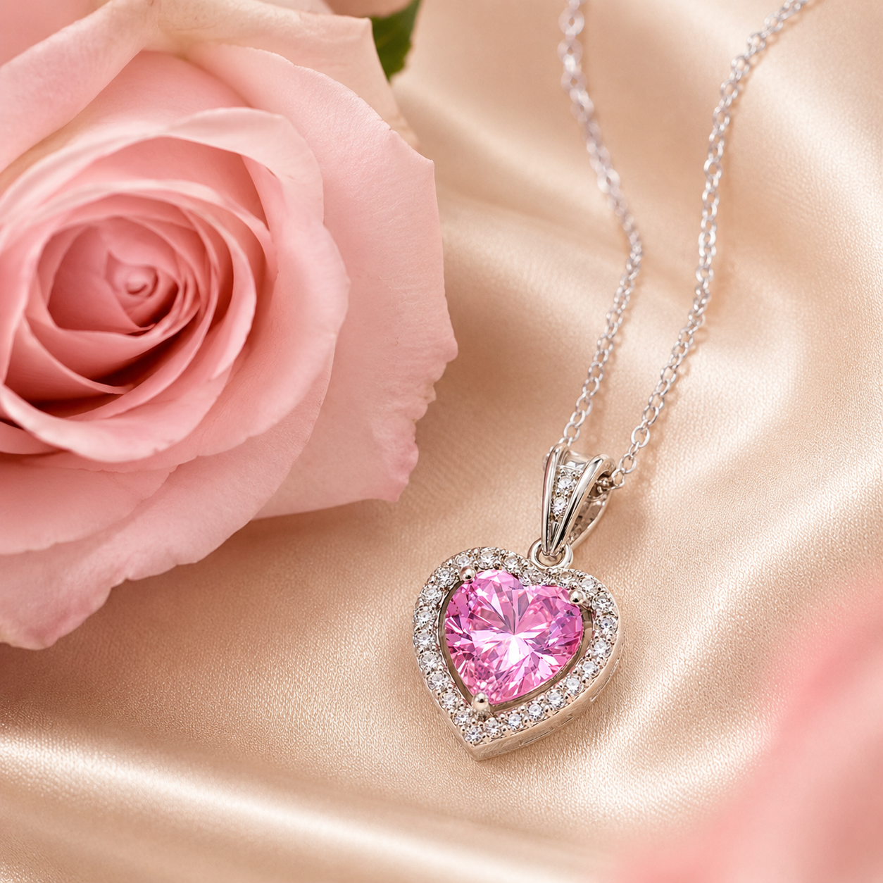 Pink Zirconia Heart Necklace