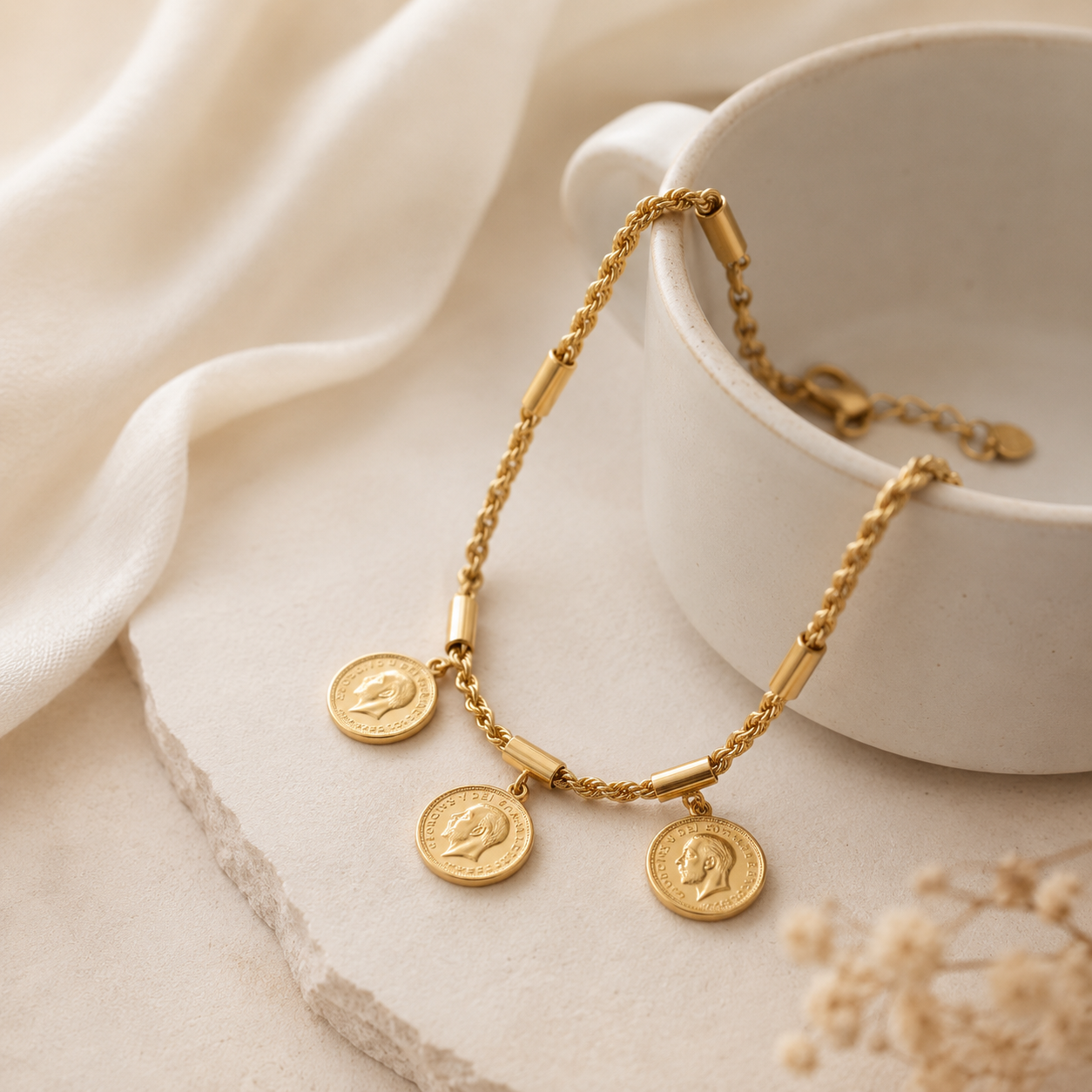 Triple Coin Charm Bracelet