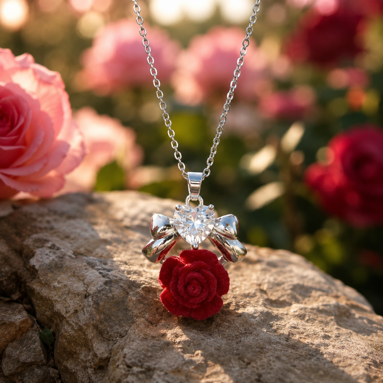 Crystal Heart Rose Necklace