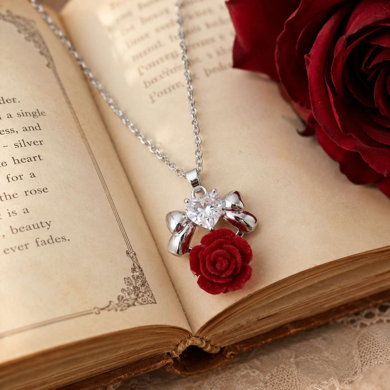 Crystal Heart Rose Necklace