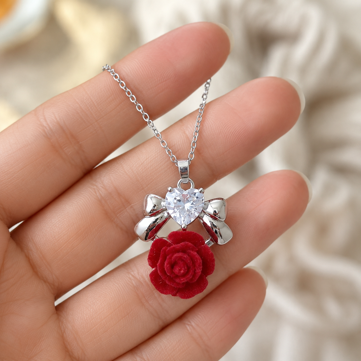 Crystal Heart Rose Necklace