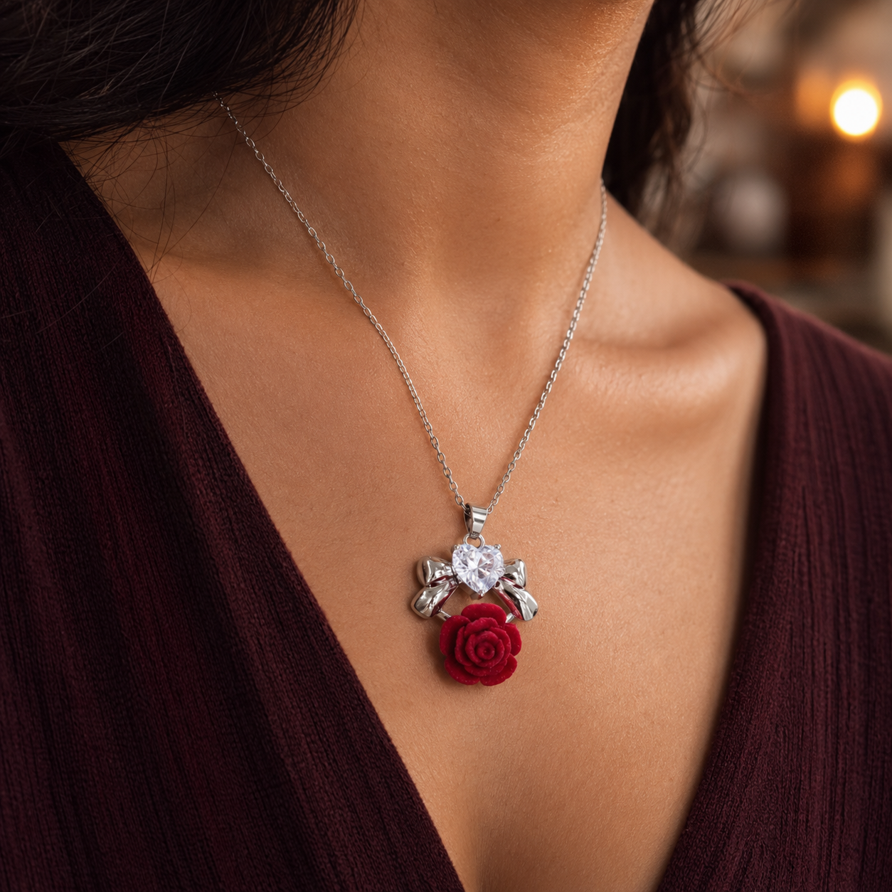 Crystal Heart Rose Necklace